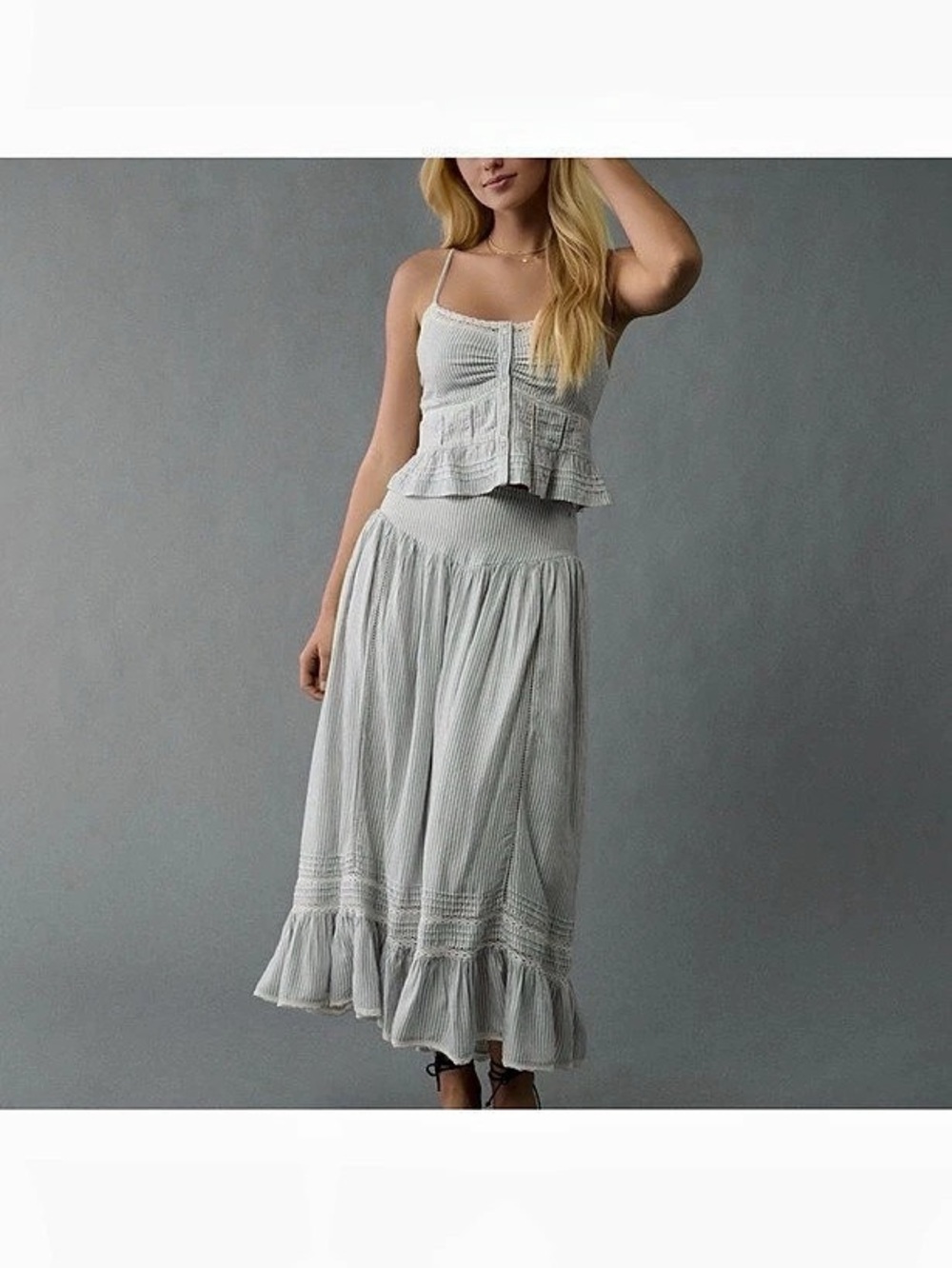 American Eagle Navy Stripe High Waisted Ruffle Maxi Skirt and Tank Set NWT